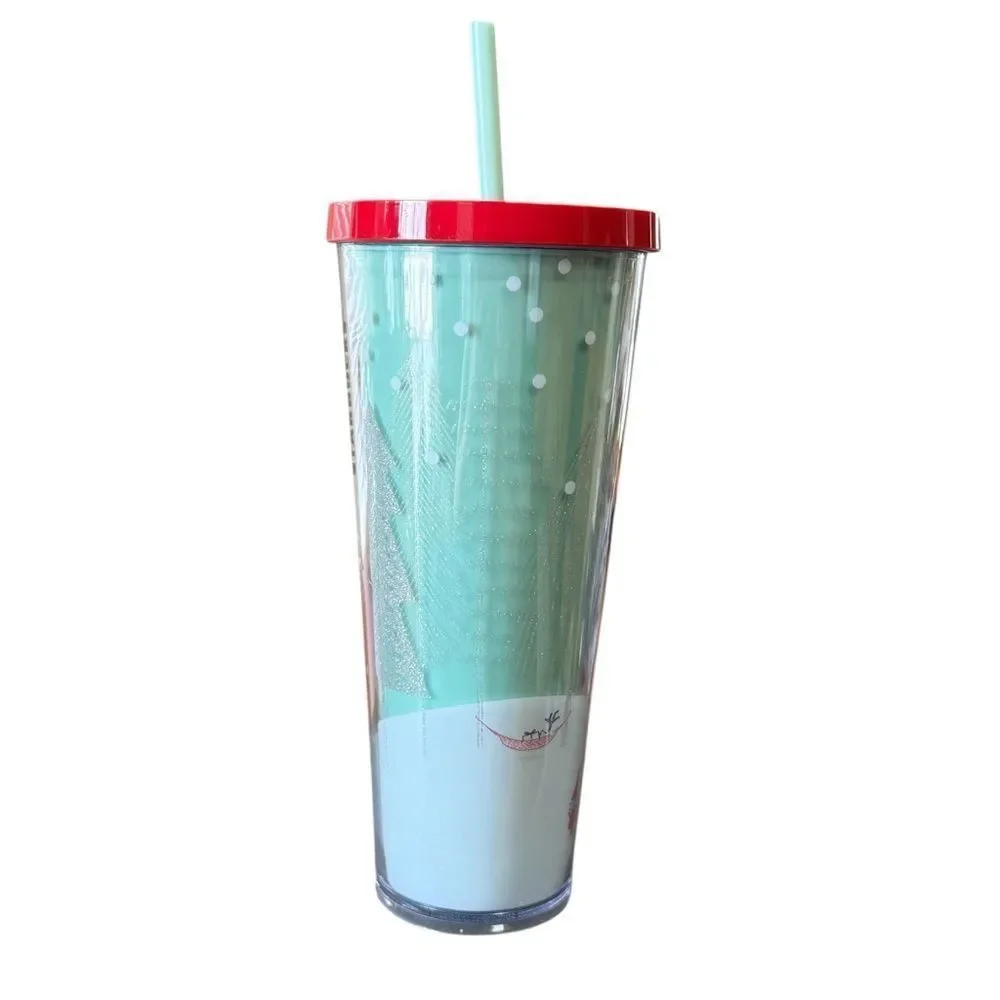 Starbucks 2018 Glitter Christmas Tree Holiday Tumbler 24 oz Mint Green Red lid